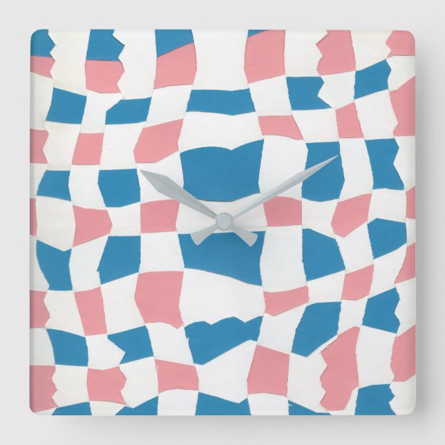 Retro Mod Rosa Blue Checkerboard-Abstrakt Fyrkantig Klocka (Framsida)