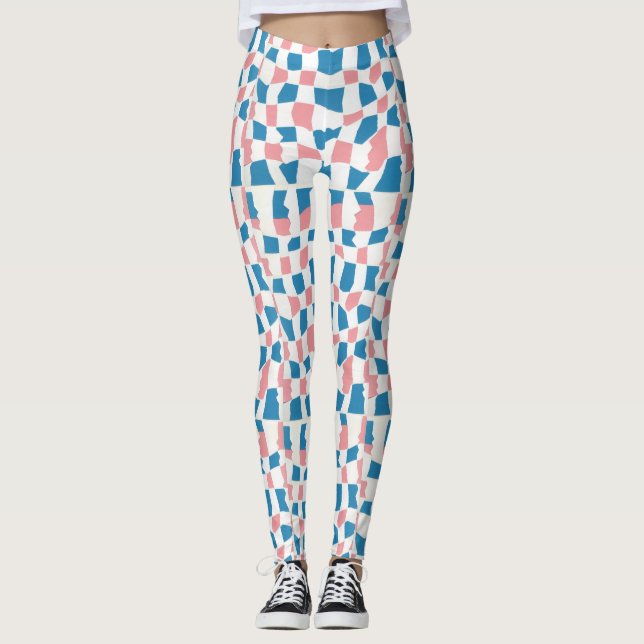 Retro Mod Rosa Blue Checkerboard-Abstrakt Leggings (Framsida)
