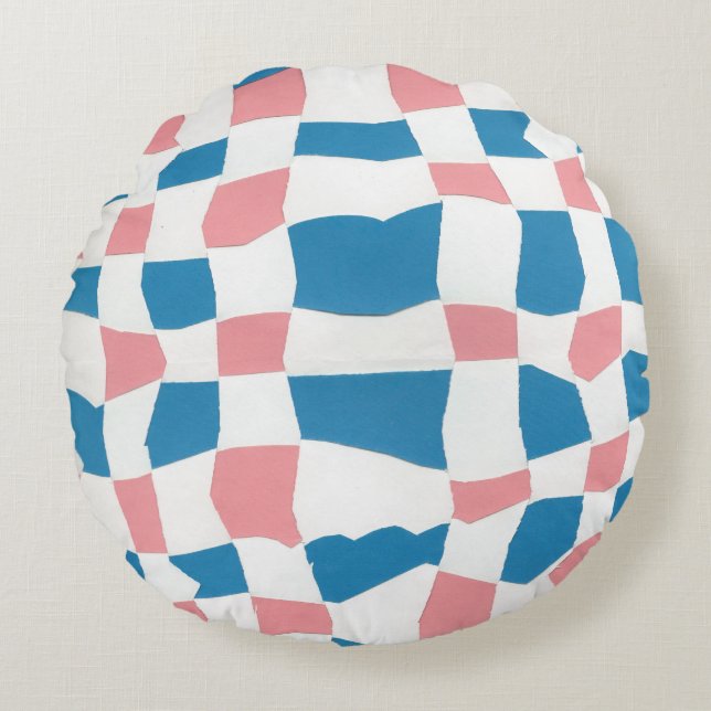 Retro Mod Rosa Blue Checkerboard-Abstrakt Rund Kudde (Framsidan)