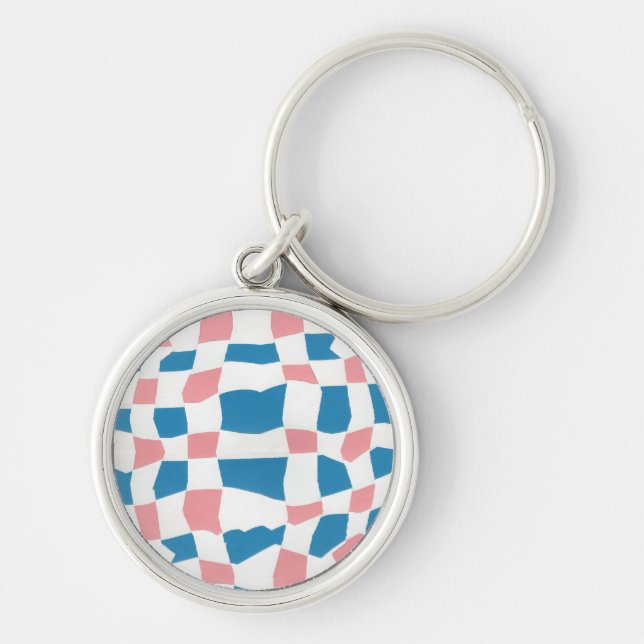 Retro Mod Rosa Blue Checkerboard-Abstrakt Rund Silverfärgad Nyckelring (Framsidan)