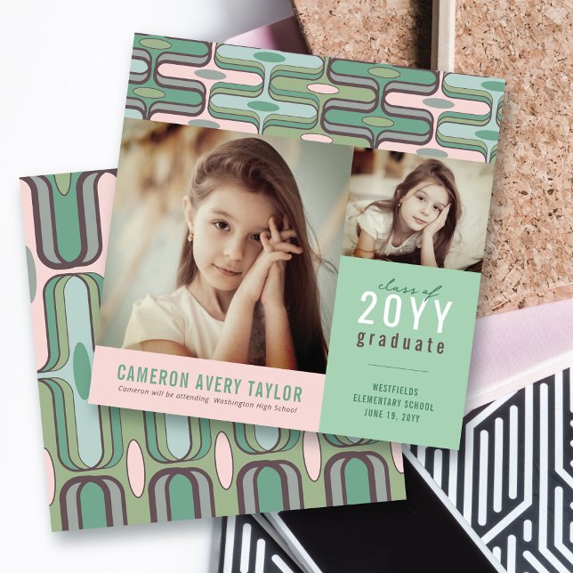 Retro Mod Rosa & Mint Ogee 2 Photo Studenten Inbjudningar (Retro Mod Pink & Mint Green Ogee Zig Zag, 2 Photo Graduation Invitation @ zazzle.com/color_therapy)