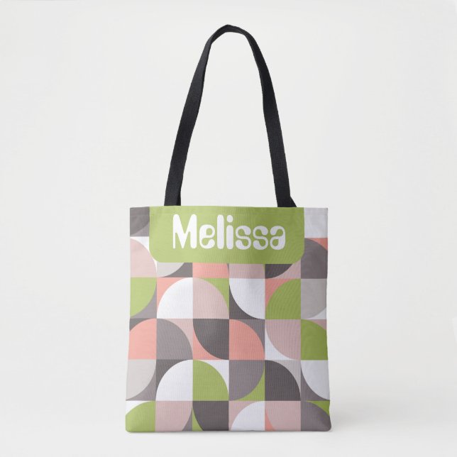 Retro Mod Squares Pink Green Name Personalized Tygkasse (Framsida)