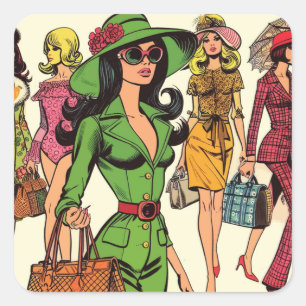 Retro Mode Girls Tecknader Fyrkantigt Klistermärke