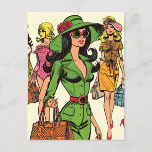 Retro Mode Girls Tecknader Vykort