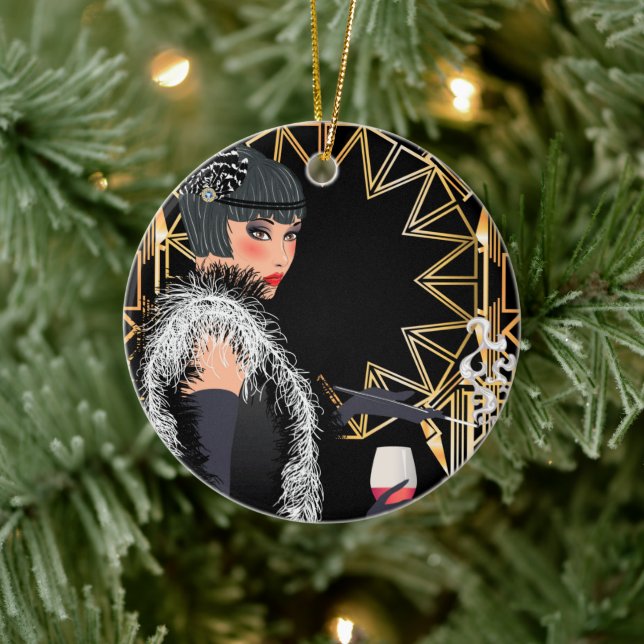 Retro mode kvinna med glas vin julgransprydnad keramik (Träd)