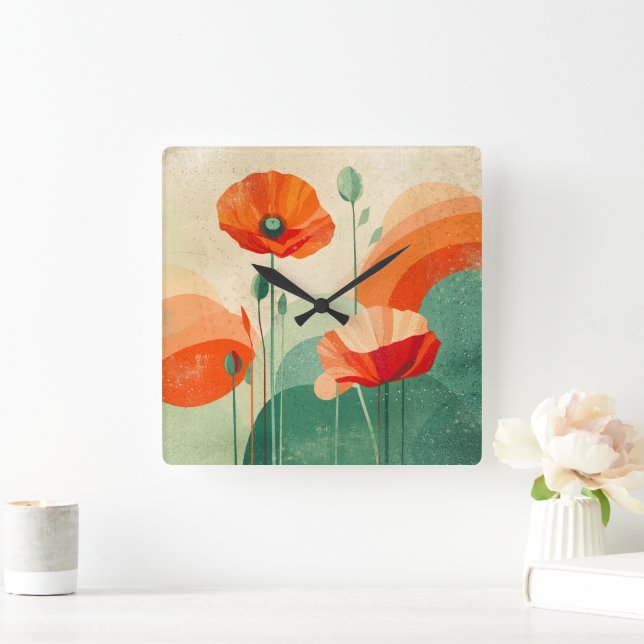 Retro Modern Abstract Poppy Floral Art Fyrkantig Klocka (Hem)