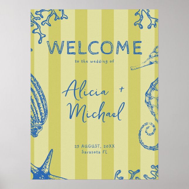 Retro modern beach striped wedding welcome sign poster (Framsidan)