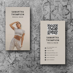 Retro Modern Beige Personal Trainer Fitness Photo Visitkort