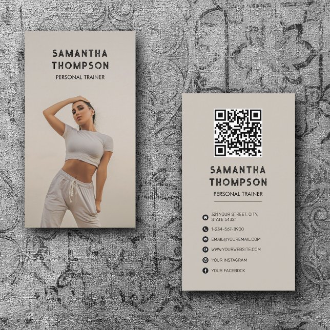 Retro Modern Beige Personal Trainer Fitness Photo Visitkort (Skapare uppladdad)