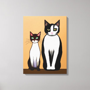 Retro Modern Black and White Cat och Kitten Canvastryck