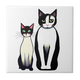 Retro Modern Black and White Cat och Kitten Kakelplatta