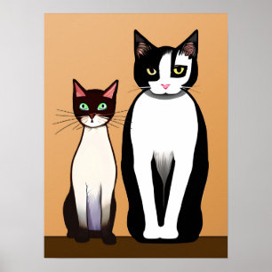 Retro Modern Black and White Cat och Kitten Poster