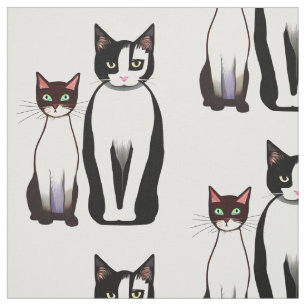 Retro Modern Black and White Cat och Kitten Tyg