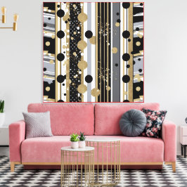 Retro-modern, Black, Grey and Gold Polka Dots Canvastryck