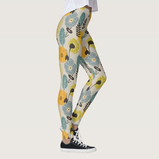 Retro Modern Blommigt på Grått Leggings (Höger)