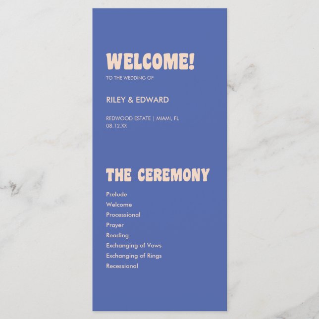 Retro Modern Blue & Beige Wedding Ceremony Program (Framsida)