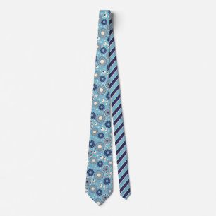 Retro Modern Blue och Cream Flowers mönstrade Slips