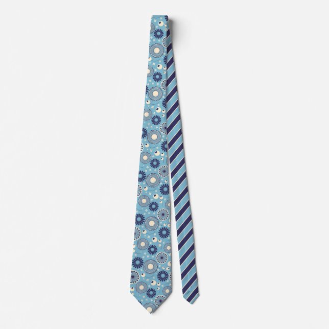 Retro Modern Blue och Cream Flowers mönstrade Slips (Framsida)