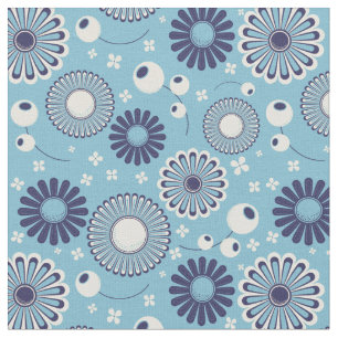 Retro Modern Blue och Cream Flowers mönstrade Tyg