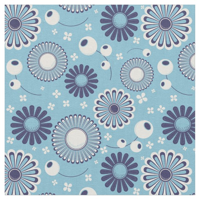 Retro Modern Blue och Cream Flowers mönstrade Tyg (Närbild)
