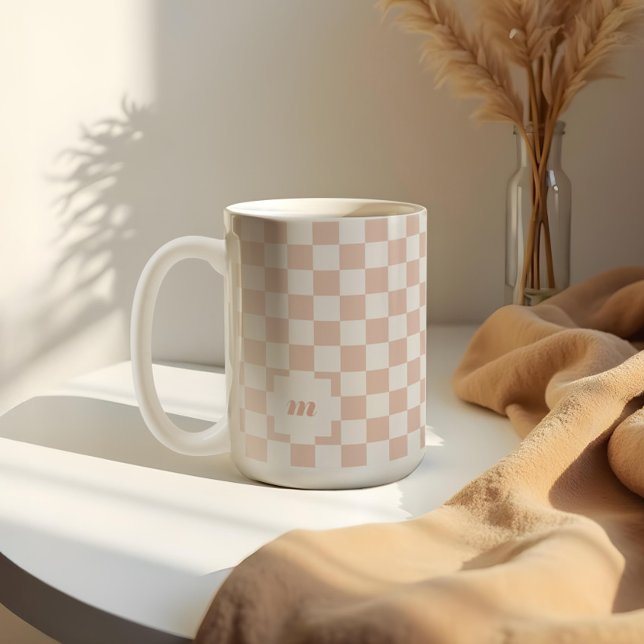 Retro Modern Checkated Mönster Anpassningsbar Mono Kaffemugg (Retro Modern Chequered Pattern Custom Monogram Coffee Mug)