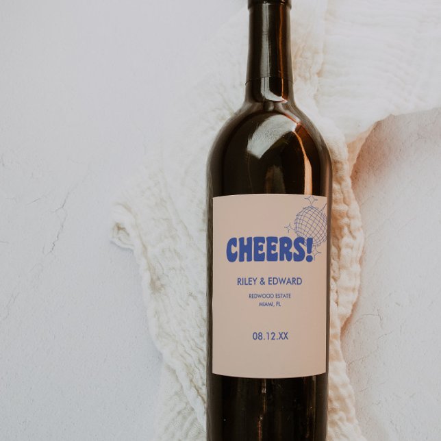 Retro Modern "Cheers!" Personligt bröllp Vin-etike Vinflaska Etikett (Skapare uppladdad)