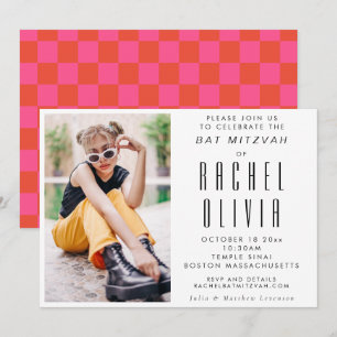 Retro Modern Chic Photo Rosa and Red Bat mitzvah I Inbjudningar