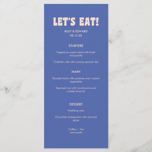 Retro Modern Dark Blue Beige "Let's Eat!" Wedding Meny (Framsida)