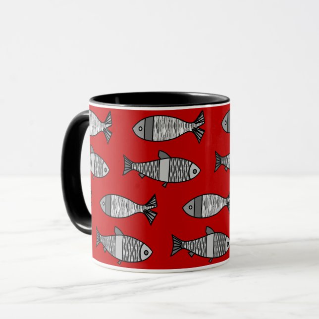 Retro Modern Fish, Deep Red och Grått / Grått Mugg (Framsida vänster)