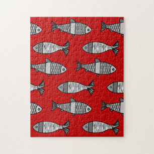 Retro Modern Fish, Deep Red och Grått / Grått Pussel