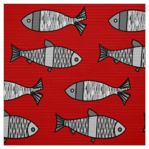 Retro Modern Fish, Deep Red och Grått / Grått Tyg
