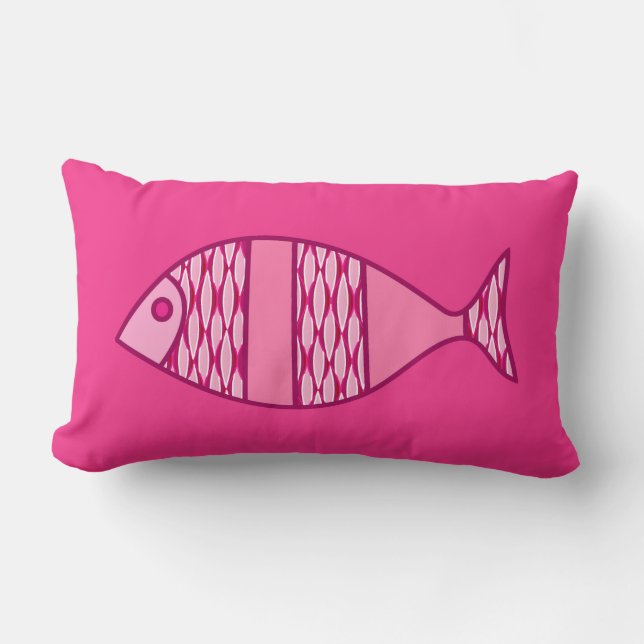 Retro Modern Fish, Fuchsia, Ljus rosa, djup Rosa Lumbarkudde (Framsida)