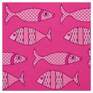 Retro Modern Fish, Fuchsia, Ljus rosa, djup Rosa Tyg