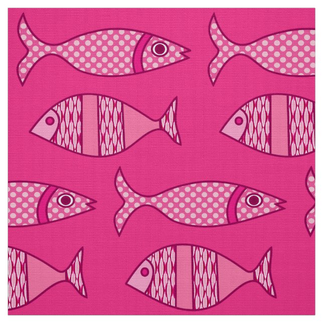 Retro Modern Fish, Fuchsia, Ljus rosa, djup Rosa Tyg (Provkarta)