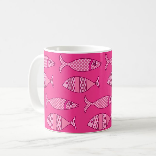 Retro Modern Fish, Fuchsia och Ljus rosa fisk Kaffemugg (Framsida vänster)