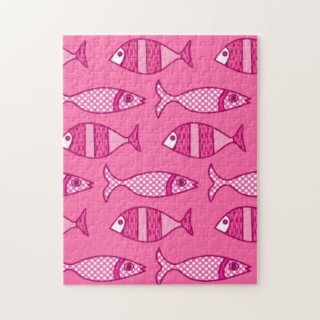 Retro Modern Fish, Fuchsia och Ljus rosa fisk Pussel (Vertikal)