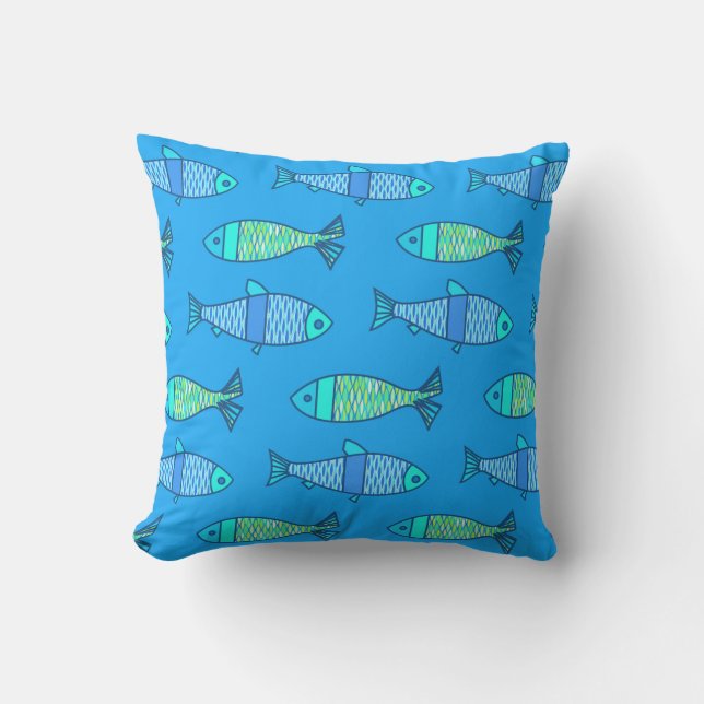 Retro Modern Fish Print, Turquise och Blue Kudde (Framsida)