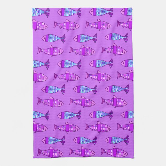 Retro Modern Fish, Violet och Amethyst Lila Kökshandduk (Vertikal)