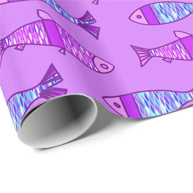 Retro Modern Fish, Violet och Amethyst Lila Presentpapper (Rullad Hörn)