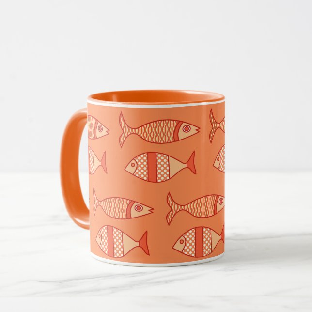 Retro Modern Fisk, Ljus Korall Orange & Tangerine Mugg (Framsida vänster)