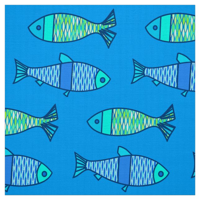 Retro modern fisk, turkos och Cerulean blått Tyg (Provkarta)