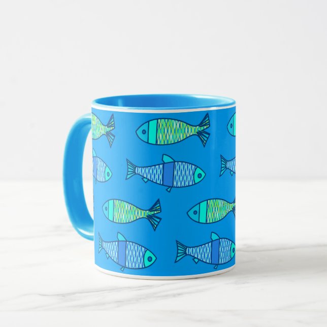 Retro Modern fisk, turkos och Cerulean Blue Mugg (Framsida vänster)