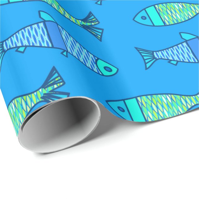 Retro Modern fisk, turkos och Cerulean Blue Presentpapper (Rullad Hörn)
