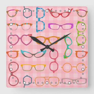 Retro modern Gingham för Hipsterglasögonrosor Fyrkantig Klocka