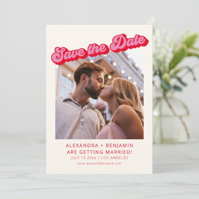 Retro Modern Groovy Bold Pink Red 2 Photo  Spara Datumet (Stående Fram)