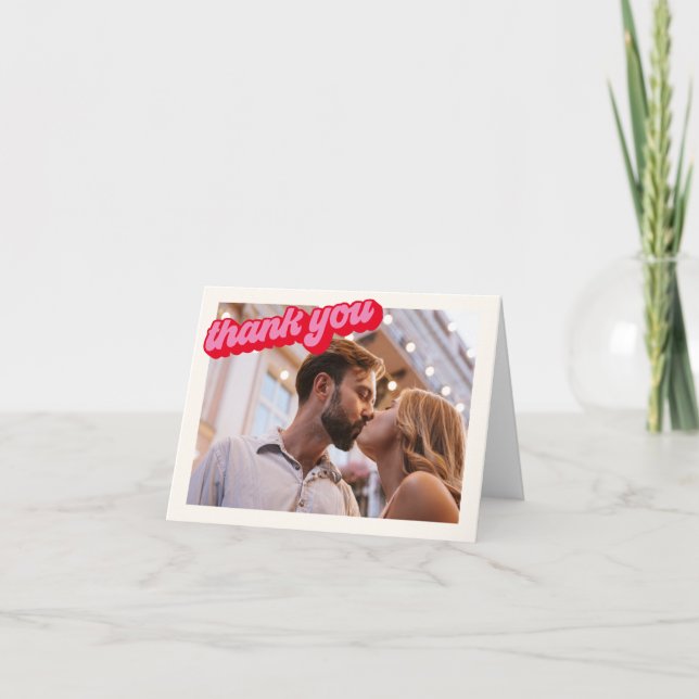 Retro Modern Groovy Fet Rosa Röd Foto Tack Kort (Framsida)