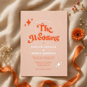 Retro Modern Groovy Script Mjuk Orange Bröllop Inbjudningar