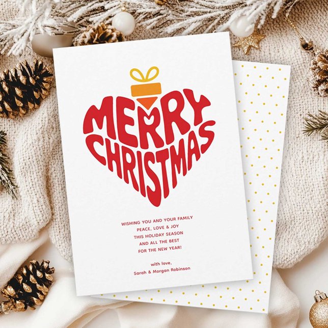 Retro Modern Heart Merry Christmas Love Julkort (White holiday greeting with a red heart-shaped Merry Christmas design, yellow present icon)