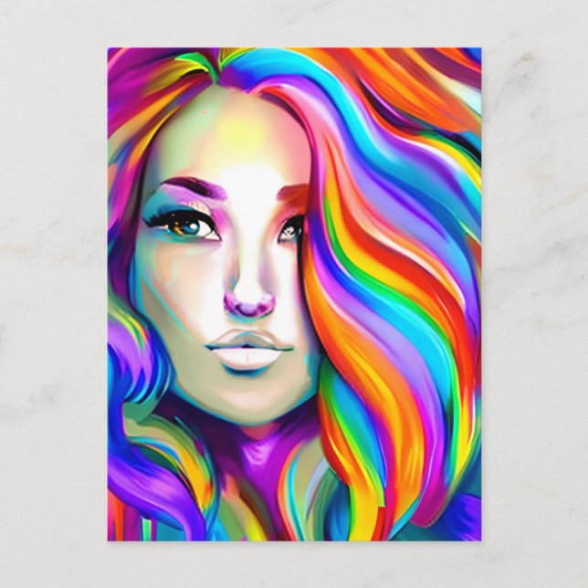 Retro Modern kvinna med Rainbow Hair Vykort (Framsida)