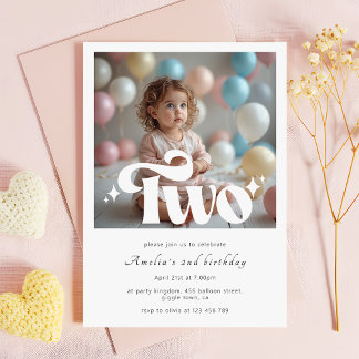 Retro Modern Minimalist 2nd Birthday Photo Inbjudningar